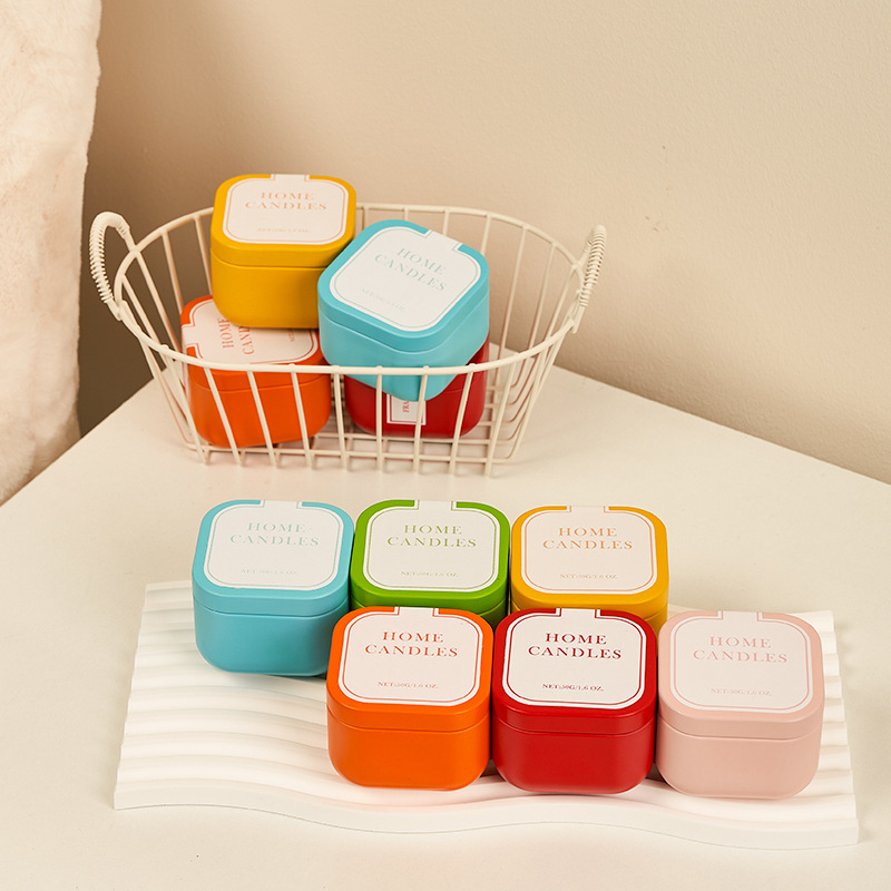 Colored square candle in tin mini soy candles UK